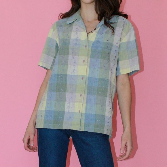 Vintage Tops - Vtg Linen Plaid Embroidered Pastel Button-Up Shirt